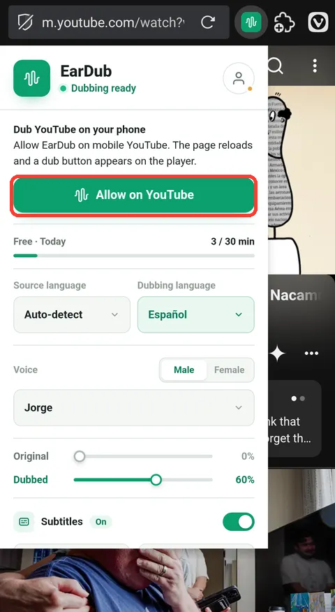 Menu EarDub với nút cho phép trên YouTube