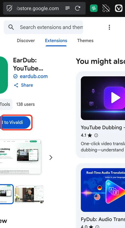 Trang EarDub ở giao diện máy tính với nút Thêm vào Vivaldi